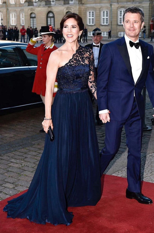 Princess Mary Navy Blue One-Sleeve Lace Chiffon Formal Evening Celebrity Dress