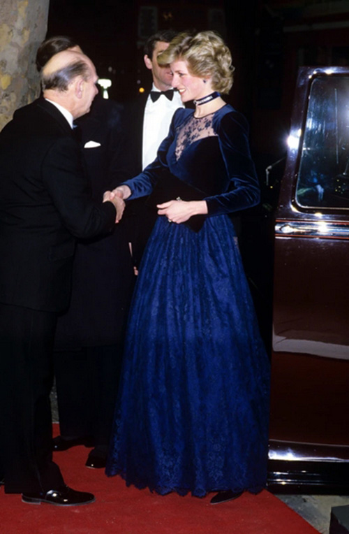 Princess Diana Inspired Navy Blue Velvet Formal Evening Dress