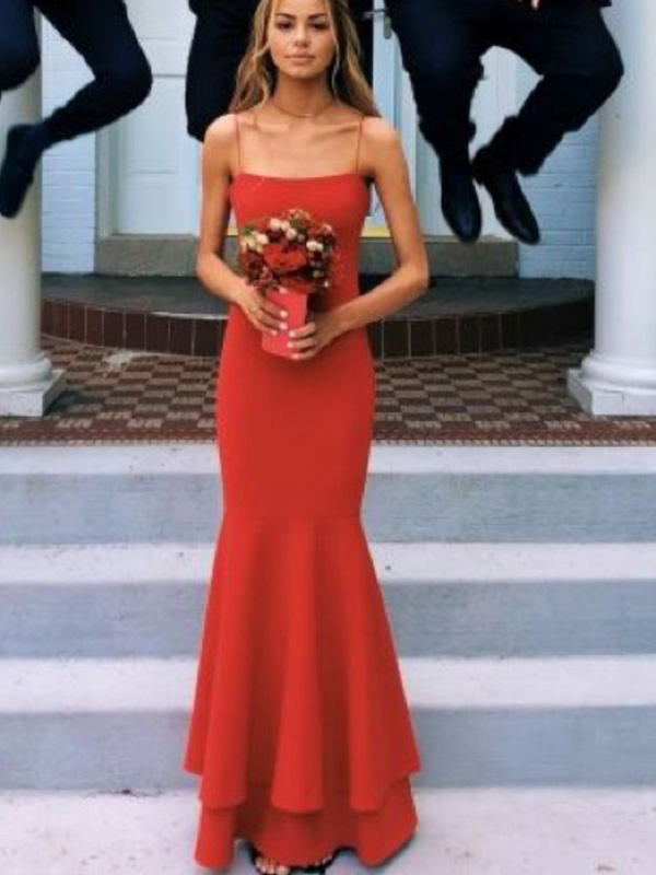 Scarlet Serenade Red Spaghetti Straps Mermaid Celebrity Formal Prom Dress