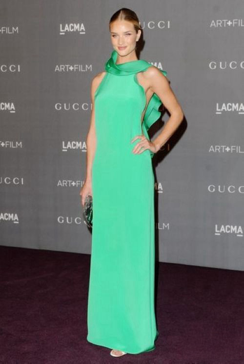 Rosie Huntington-Whiteley Green Ruffled Formal Prom Dress LACMA Gala 2012
