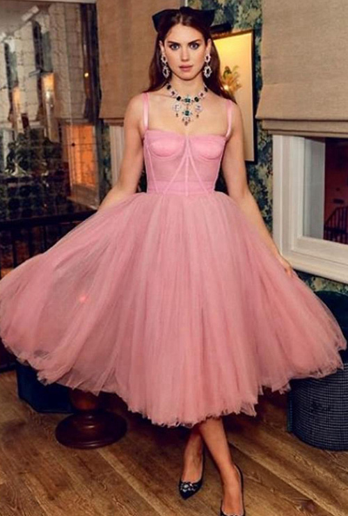 Celebrity Inspired Pink Tulle Tea-length Cocktail Party Sweet 16 Birthday Dress