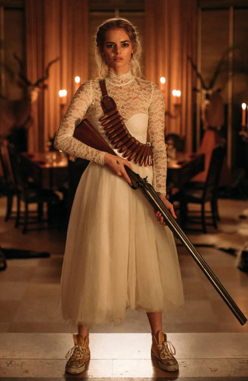 Samara Weaving White Lace Tea-Length Dress in Movie Ready or Not