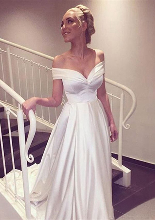 White Satin Off-the-shoulder Long Formal Prom Wedding Dress Bridal Gown
